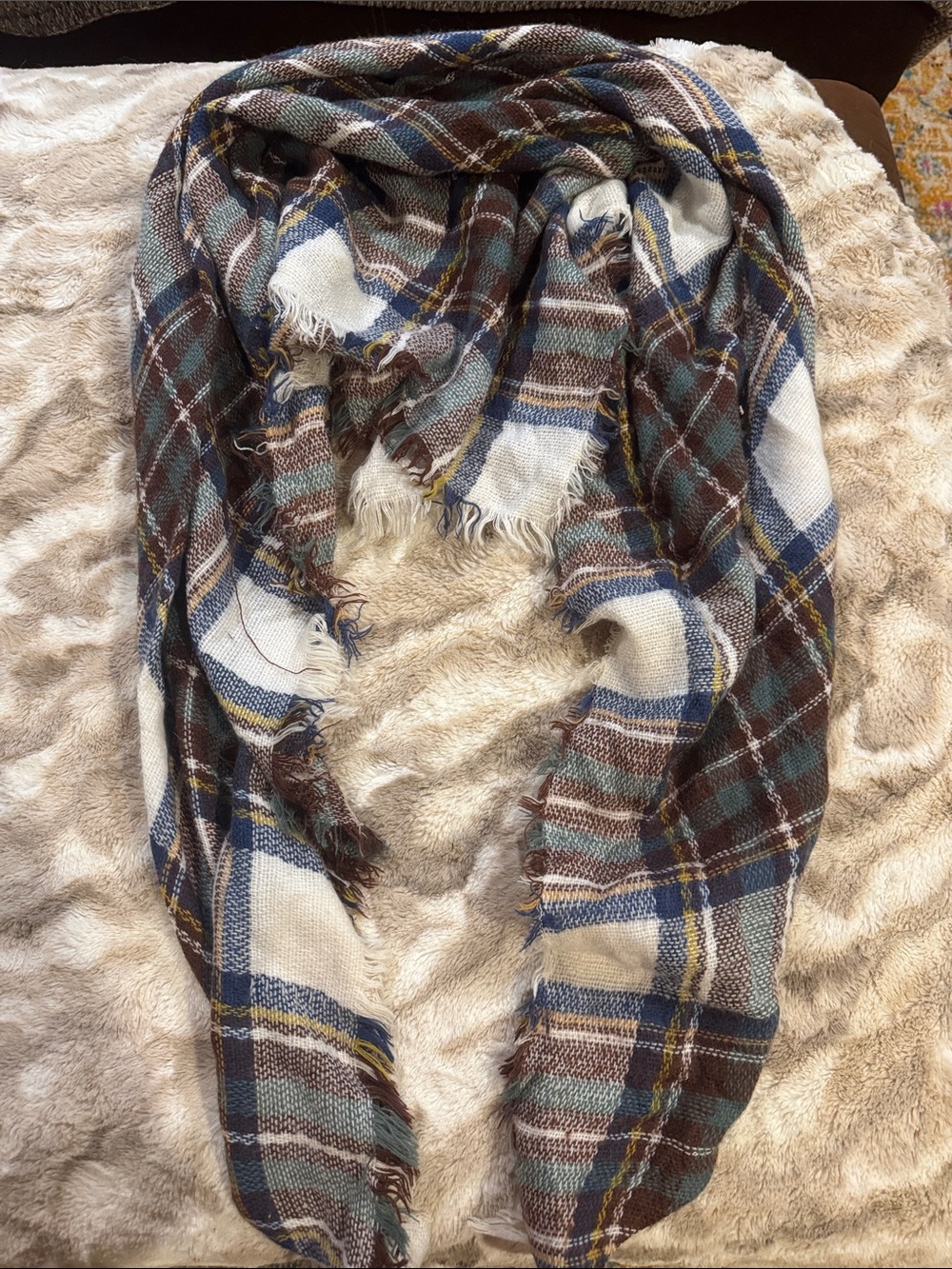 Plaid Fringe Blanket Scarf in Blue, Brown and Cream